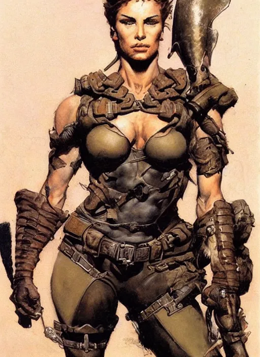 Image similar to portrait of strong female ranger, beautiful! coherent! by frank frazetta, by brom, strong line, deep color, leather armor, short buzzed hair, high contrast