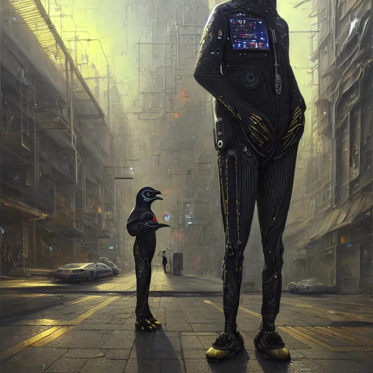 Prompt: A solarpunk very highly detailed Anthropomorphic cybertronic penguin wearing sport suit with very highly detailed face on the street of a very highly detailed solarpunk city digital rational painting art by Greg Rutkowski, sci-fi highly detailed, digital concept art, Volumetric natural light, sharp focus, Golden Ratio illustration, realistic concept art by Stephen Hickman and James Gurney and Hiromasa Ogura Ghost in the Shell rendered in VRAY, From the distance