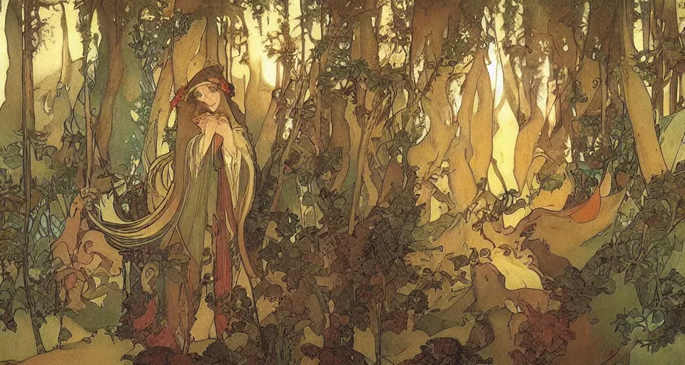 Image similar to Enchanted and magic forest, by Alfons Maria Mucha