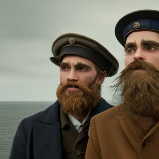 Image similar to Live Action Still of Jerma985 in a film as a Lighthouse Keeper with an overcoat, hat, and beard, with co star Robert Pattison who is wearing a overcoat, hat, and has a mustache, real life, black and white, hyperrealistic, ultra realistic, realistic, highly detailed, epic, HD quality, 8k resolution, body and headshot, film still