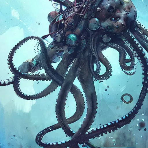 Image similar to octopus in space, cyberpunk, realistic, detailed, Industrial Scifi, paint, watercolor, in the style of Ashley Wood and Wadim Kashin