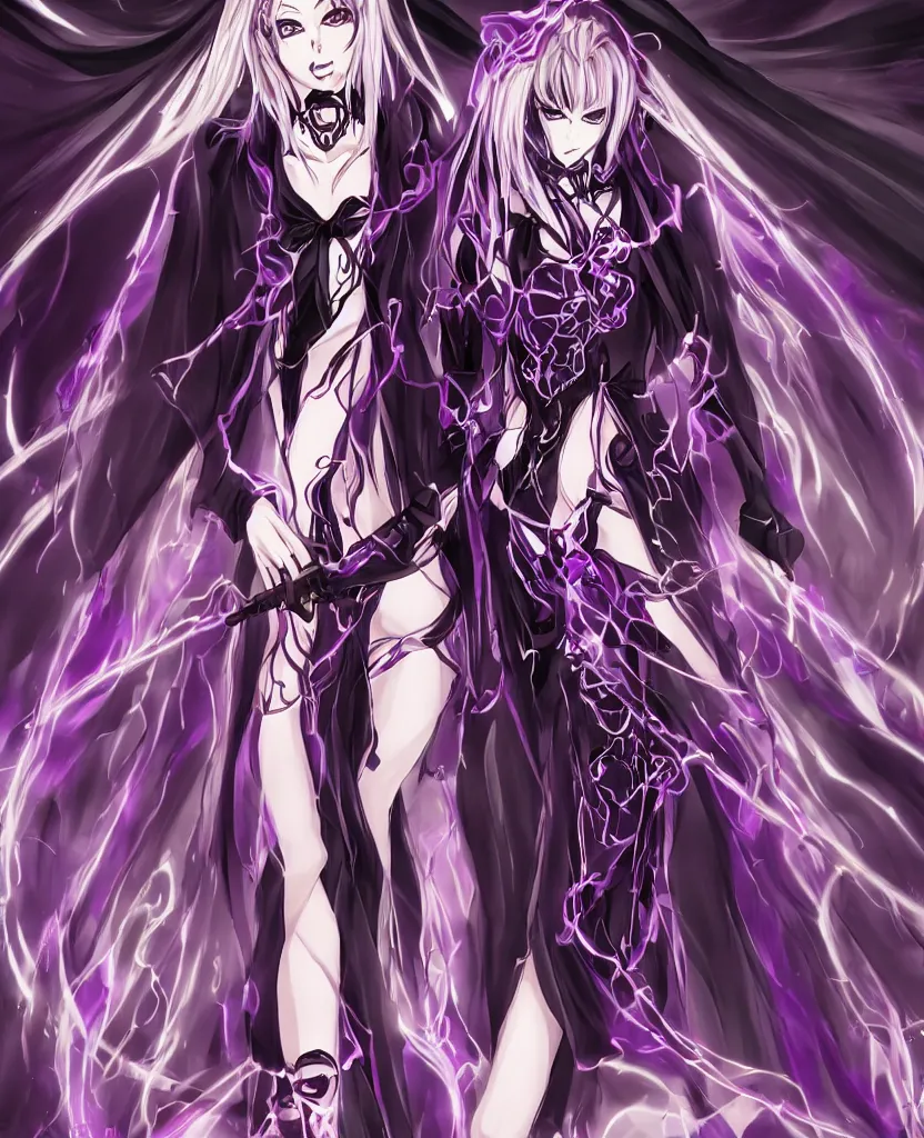 Image similar to an attractive anime female necromancer mage symmetrical, donned in black cloak with purple staff full body in frame