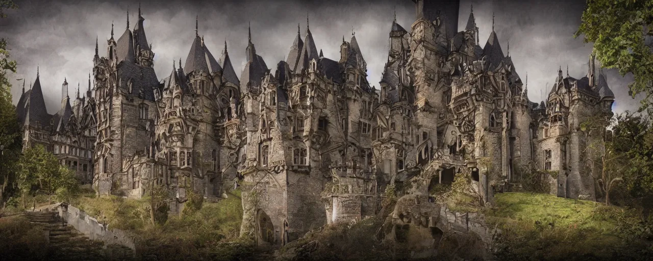 Image similar to hyperrealistic phto of the unseelie court gothic castle