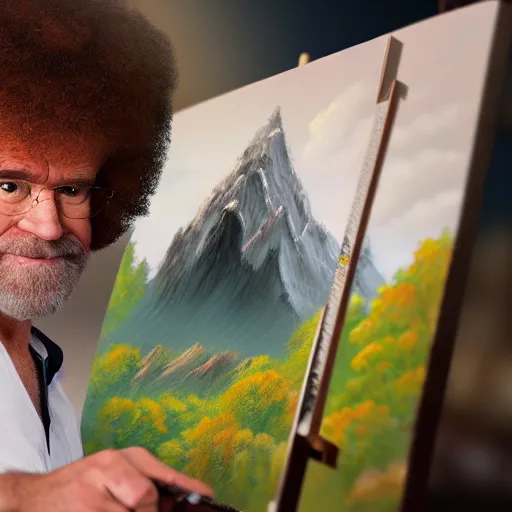 Image similar to a closeup photorealistic photograph of bob ross working on a canvas painting of spiderman. film still. brightly lit scene. mountains and trees. this 4 k hd image is trending on artstation, featured on behance, well - rendered, extra crisp, features intricate detail, epic composition and the style of unreal engine.