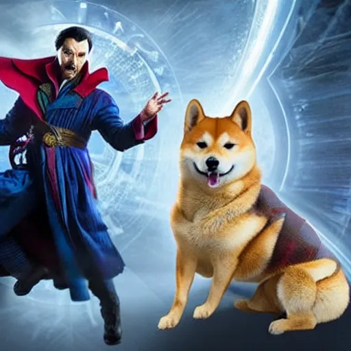 Image similar to dr. strange casting a shield spell in the metaverse with a shiba inu at his feet, hyper realistic, highly detailed, perfect face, smooth, focus, movie still, cinematic