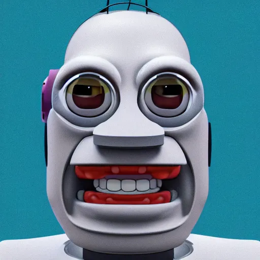 Image similar to centered portrait of a slight happy robotic 3D Homer Simpson, hyperdetailed, digital painting, trending on Artstation, cel-shading style, CG society, hyperdetailed, digital painting, hypermaximalist, golden ratio, volumetric, octane render, weta digital, micro details, 3d sculpture