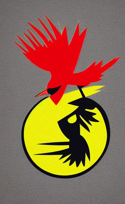 Image similar to poker card style, simple, modern look, colorful, japanese crane bird symbol in center, pines symbols, maintain aspect ratio, turchese and yellow and red and black, vivid contrasts, smart design, backed on kickstarter