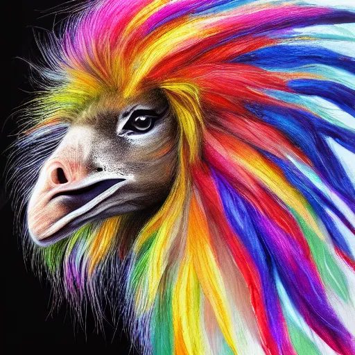 Prompt: portrait of a cute fluffy ostrich with long colorful flowing lion mane with mohawk hairstyle hybrid animal detailed painting 4 k