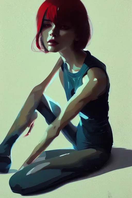 Image similar to a ultradetailed beautiful painting of a stylish woman sitting on the floor of a tiled room, by greg rutkowski, conrad roset, and ilya kuvshinov trending on artstation