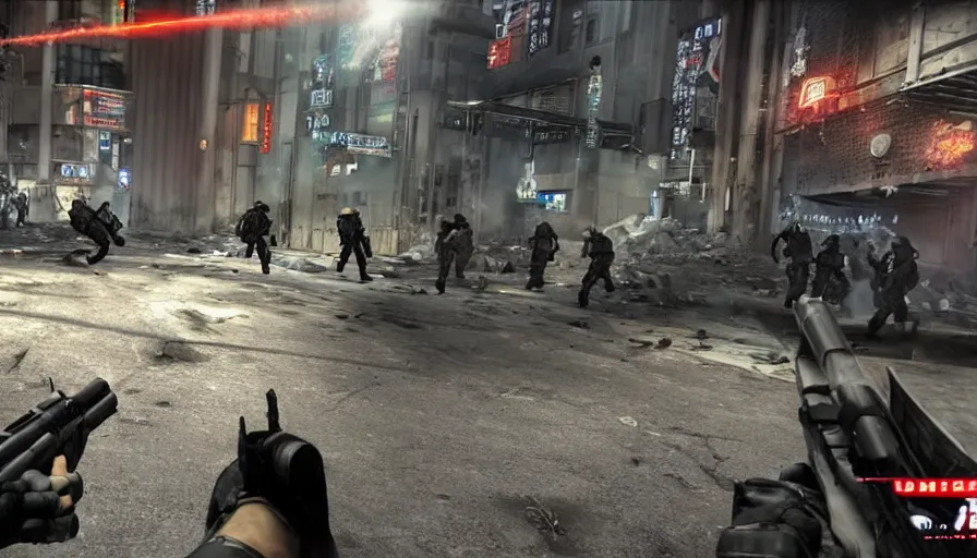 Image similar to 2020 Video Game Screenshot, Anime Neo-tokyo Cyborg bank robbers vs police, Set inside of the Bank, Open Vault, Multiplayer set-piece Ambush, Tactical Squads :9, Police officers under heavy fire, Police Calling for back up, Bullet Holes and Realistic Blood Splatter, :6 Gas Grenades, Riot Shields, Large Caliber Sniper Fire, Chaos, Metal Gear Solid Anime Cyberpunk, Akira Anime Cyberpunk, Anime Bullet VFX, Anime Machine Gun Fire, Violent Action, Sakuga Gunplay, Shootout, :7 Inspired by Escape From Tarkov :6, Intruder + Akira :12 by Katsuhiro Otomo: 19, 🕹️ 😎 🔫 🤖 🚬