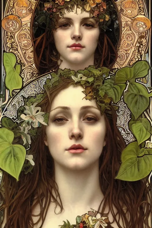 Prompt: Queen of Split Leaf Philodendron realistic detailed face portrait of Madonna by Alphonse Mucha, Ayami Kojima, Amano, Charlie Bowater, Karol Bak, Greg Hildebrandt, Jean Delville, and Mark Brooks, Art Nouveau, Neo-Gothic, gothic, rich deep moody colors