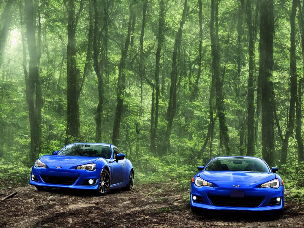 Image similar to cinematic still of one subaru brz in a forest by studio ghibli