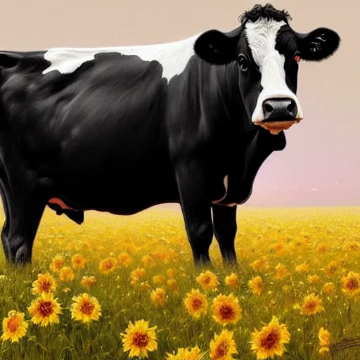 Image similar to portrait of black and white cow, field of sun flowers landscape, rich vivid colors, fantasy, intricate, elegant, highly detailed, digital painting, artstation, concept art, matte, sharp focus, illustration, art by Artgerm and Greg Rutkowski and Alphonse Mucha