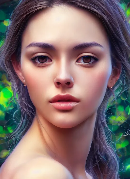 Image similar to photo of a gorgeous female in the style of stefan kostic, realistic, half body shot, sharp focus, 8 k high definition, insanely detailed, intricate, elegant, art by stanley lau and artgerm, extreme bokeh foliage