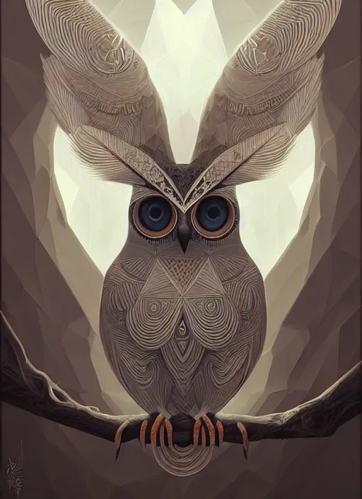 Image similar to portrait of a geometric owl, identical eyes, medium shot, illustration, full body made of white feathers, symmetrical, art stand, super detailed, cinematic lighting, and its detailed and intricate, gorgeous, by peter mohrbacher