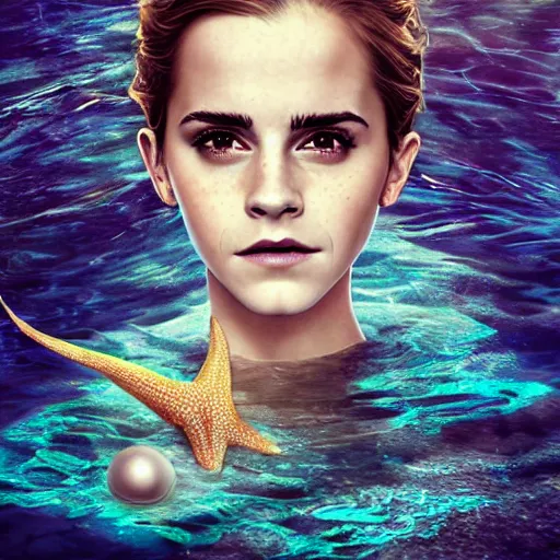 Image similar to emma watson portrait, fantasy, mermaid, hyperrealistic, game character, underwater, highly detailed, sharp focus, cinematic lighting, pearls, glowing hair, shells, gills, crown, water, highlights, starfish, jewelry, realistic, digital art, pastel, magic, fiction, ocean, king, colorful hair, sparkly eyes, fish, heroic, goddess, waves, bubbles, queen