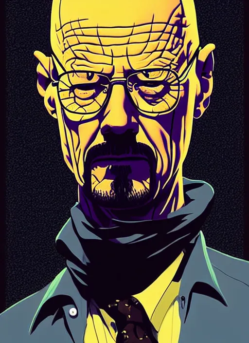 Prompt: highly detailed poster artwork by Michael Whelan and Tomer Hanuka, of Walter White, from scene from Breaking Bad, clean