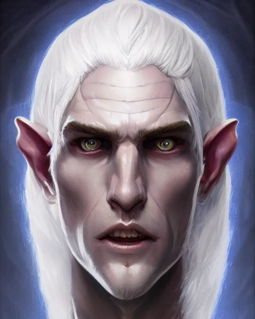 Image similar to character portrait of a slender young half elven man with white hair, piercing blue eyes, and pale blue skin, by greg rutkowski and mark brookes and jim burns and tom bagshaw and magali villeneuve, trending on artstation