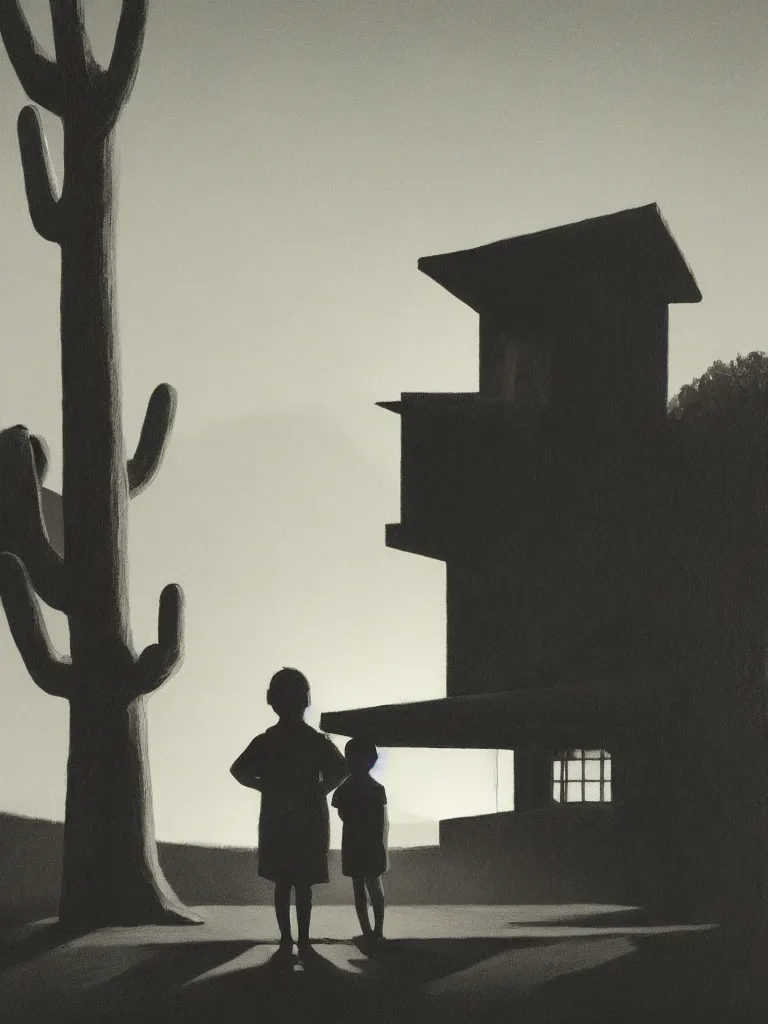 Prompt: two kids posing for a picture at night, dark, backlighting, rural area, desert town square, trees, artwork by edward hopper, james gilleard, zdzislaw beksinski, atmospheric