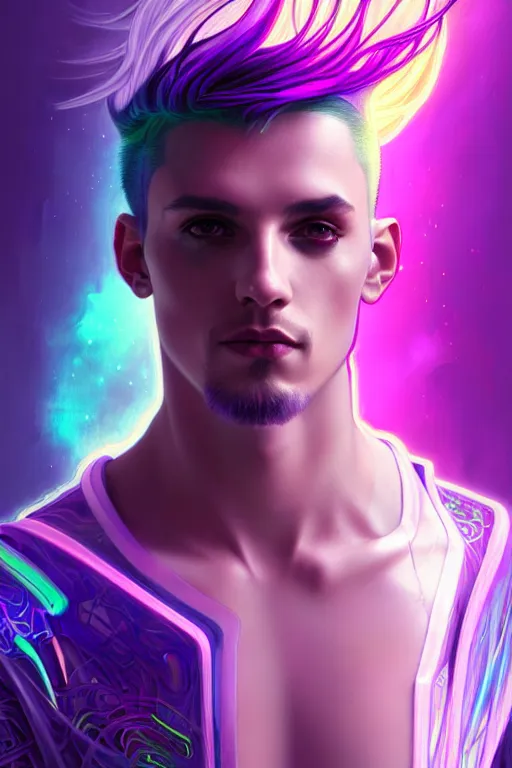 Image similar to portrait of a beautiful young fit cyberpunk man, rainbow futuristic hairs, digital tatoos, holographic clothes, psichedelic, by greg rutkowski and alphonse mucha, d & d character, gradient purple to silver, in front of a futuristic background, highly detailed portrait, digital painting, artstation, concept art, smooth, sharp focus ilustration, artstation hq