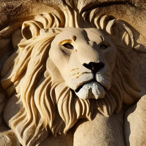 Image similar to stone sculpture of lion, white stone marbled, sun light, god rays, 4 k, high detail, photo real