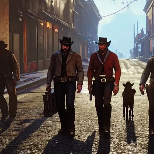 Image similar to cowboy androids walking the streets in Saint Denis in Red Dead Redemption 2 8k hyperdetailed photorealism HDR