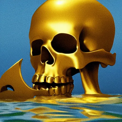 Image similar to a golden skull floating in the sea