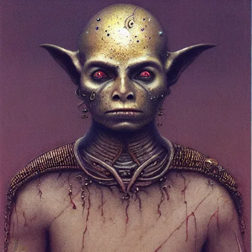 Prompt: portrait of ethereal young goblin warrior in golden armour by Beksinski