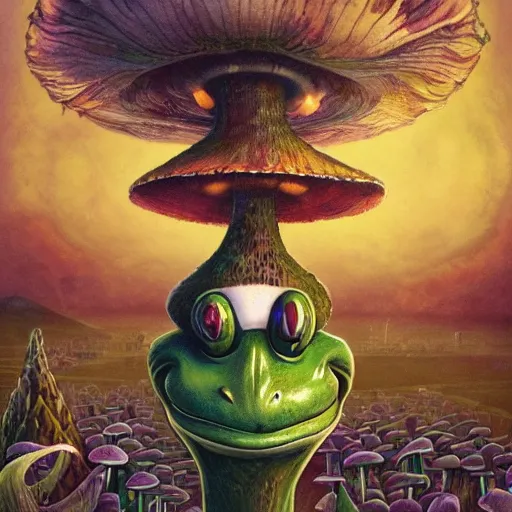 Image similar to A centered chest up portrait of a psychedelic godlike anthropomorphic frog smoking a hand-rolled cigarette smoking heavily , magic mushroom village in background . award winning. superb resolution. in the art style of junji Ito and greg rutkowski . Detailed Mushroom city in background. Hyper realistic anime. Perfect art. Dalle2