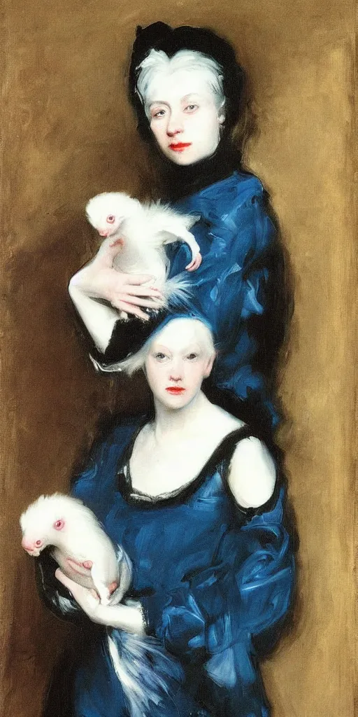 Image similar to “ a portrait of a blue haired girl holding an albino rat, very detailed, oil painting, madame x, dark background, by of john singer sargent ”