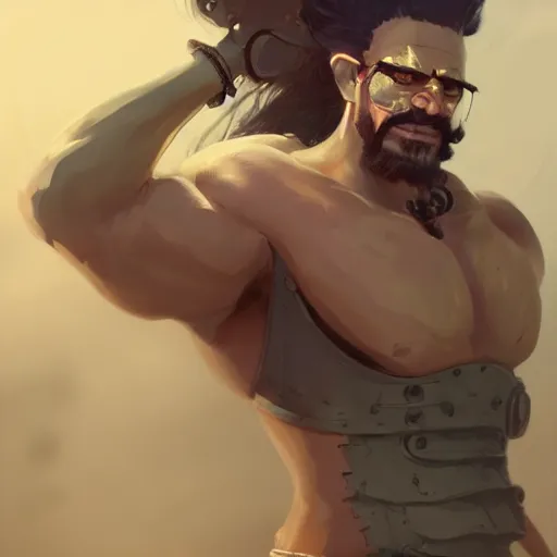 Prompt: character design, steampunk thug, backlit, musclebound and hulking, glamor hairstyle, persian, unibrow, male, Studio Ghibli painting concept by Greg Rutkowski