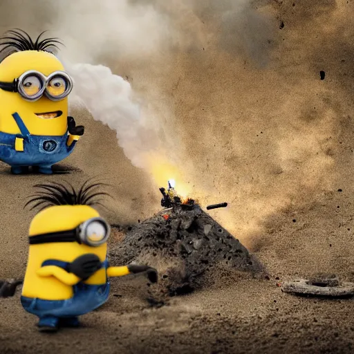 Prompt: minions firing a mortar from a mortar pit, debris and dirt flying from recoil, smoke, war photography