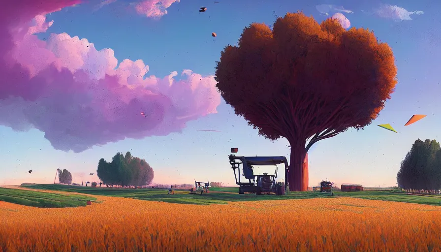 Image similar to colourful sky, wheat field, harvesters, big trees, matte painting, art station, digital art, simon stalenhag