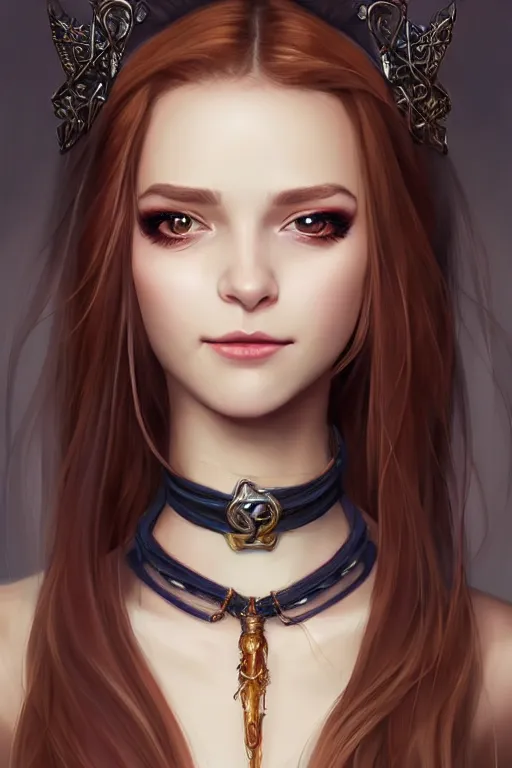 Image similar to portrait of a gorgeous young female artificer, looking at camera, D&D, choker on neck, stylish dress, mouth slightly open, cute slightly nerdy smile, very long flowing hair, intricate, elegant, stylish, fantasy, extremely detailed, digital painting, artstation, concept art, smooth, sharp focus, illustration, stunning lighting, art by artgerm and greg rutkowski and alphonse mucha and simon stalenhag