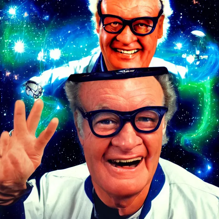 Image similar to a sci - fi hologram of cubs announcer harry caray in space, universe, lasers, galaxy, cyberpunk