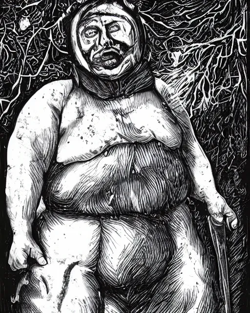 Prompt: highly detailed horror portrait of a morbid obese maked heavy butcher with meat cleaver in dark forest, evil aura