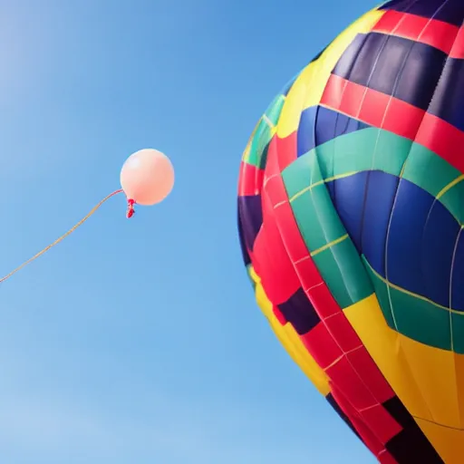 Prompt: a domestic house cat clinging onto the bottom of a string tied to a balloon in the blue sky