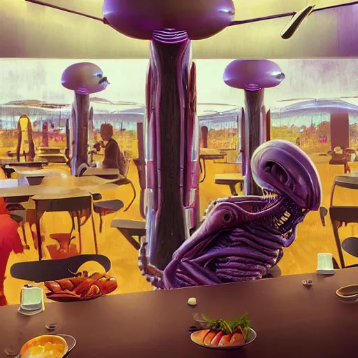 Image similar to alien foods at a cafeteria, digital art, felix Kelly, artstation, concept art, pulp sci-fi art