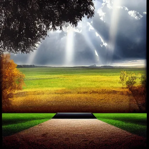 Image similar to a cinematic landscape view looking out a window into an open field with a small creek, wind blows the leaves, and the sun shines through the parted clouds, digital fantasy, detailed, wide angle