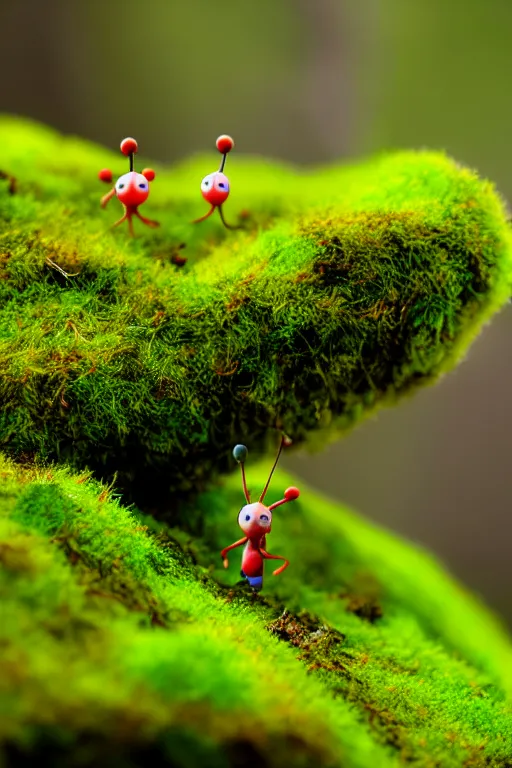 Image similar to pikmin on a mossy forest floor, macro photography