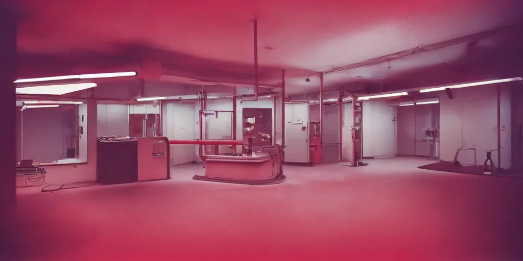 Image similar to noisy color photograph of a retrofuturist liminal space, laboratory, red lights, minimalist, cinematic, soft vintage glow