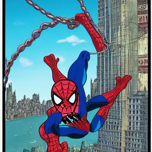 Image similar to spiderman swing on the new york, marvel illustration, by ghibli