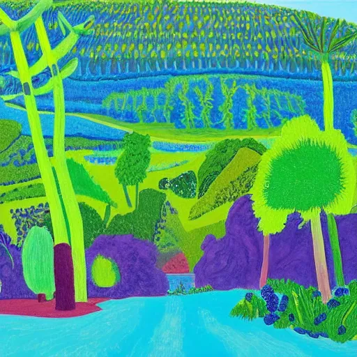 Prompt: painting of a lush natural scene on an alien planet by david hockney. beautiful landscape. weird vegetation. cliffs and water.