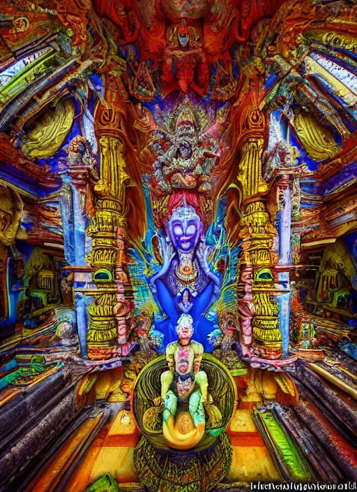 Prompt: breathtakingly beautiful ultrawide angle colour masterpiece weird dream, low angle view from inside a hindu temple, hindu goddess close shot, strange beautiful derelict temple, incredible sense of depth and perspective and clarity, arch, symmetry symmetrical, h. r. giger and alex grey and hiroshi yoshida and moebius and studio ghibli, 8 k