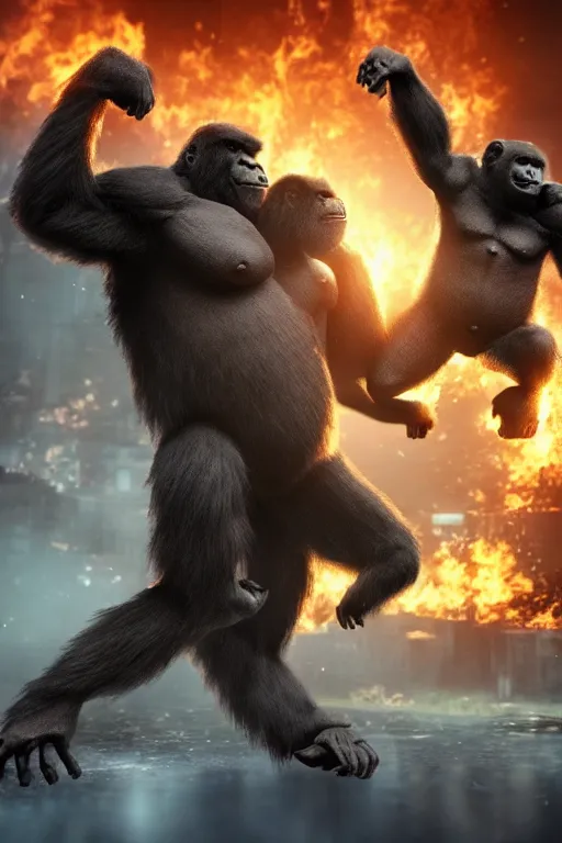 Prompt: concept art of huge gorilla fight with gorilla on burning tokyo city, cinematic composition, perfect lighting, art station trending