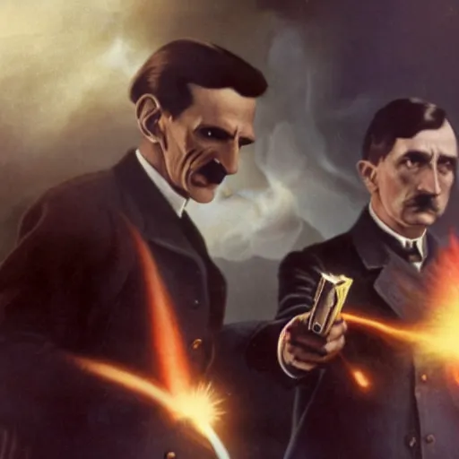 Prompt: UHD candid color photo of Nikola Tesla firing a phaser at Hitler, accurate faces, UHD, photorealistic, correct face, photo by Annie Leibowitz