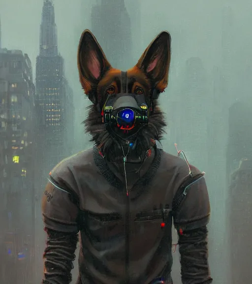 Image similar to new york city portrait of furry anthro anthropomorphic german shepard head animal person fursona wearing clothes strange cybernetic muzzle gloomy rainy cyberpunk digital art by Greg Rutkowski, Simon Stalenhag, christopher nolan trending on Artstation, CGSociety