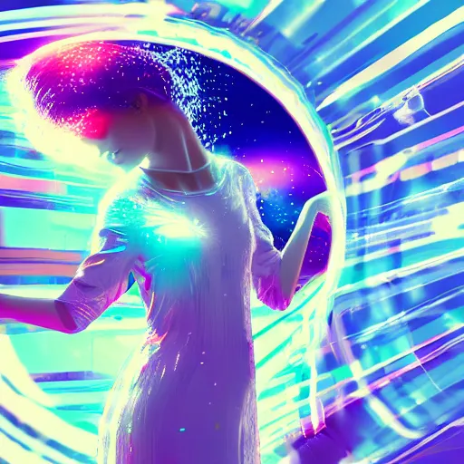 Image similar to trending on artstation girl in white dress dancing, halo over her head, glitchy, glitch art, Chromatic aberration, nobody knows the future