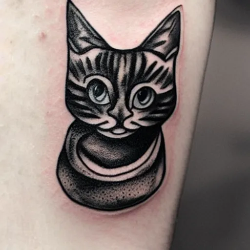 Image similar to stick and poke tattoo of a cat with 4 eyes, black and white tattoo, linework