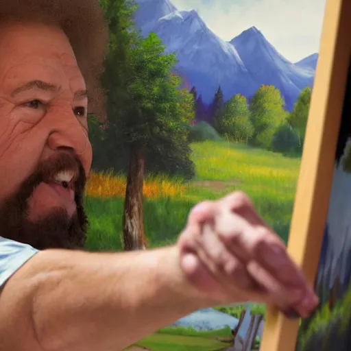 Prompt: a closeup photorealistic photograph of bob ross polishing a canvas painting of kenny powers. mountains and trees. film still. brightly lit scene. this 4 k hd image is trending on artstation, featured on behance, well - rendered, extra crisp, features intricate detail, epic composition and the style of unreal engine.